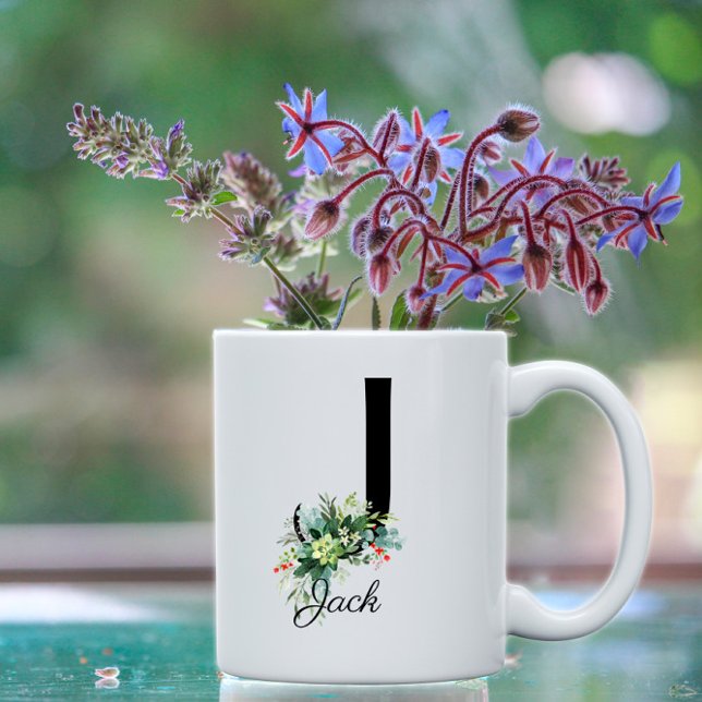 Vattenfärgsgreenery brev monogram kaffe mugg (Skapare uppladdad)