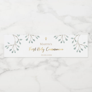 vattenfärgsgrei First Communion Vattenflaskor Etikett