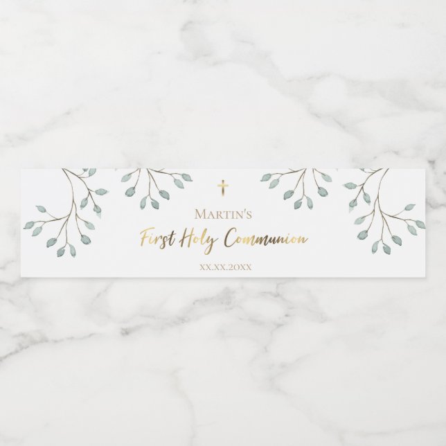 vattenfärgsgrei First Communion Vattenflaskor Etikett (Singel etikett)