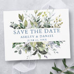 VattenfärgsGrekland Spara datumet Dusty Blue Vykort<br><div class="desc">Modern Elegant Watercolor Botanical Grey Bröllop Förlovning Announcement Rädd Postkort för datum omfattar eukalyptus löv,  grönt botaniskt löv,  dammblått löv och andra vackra botaniska grejer.</div>
