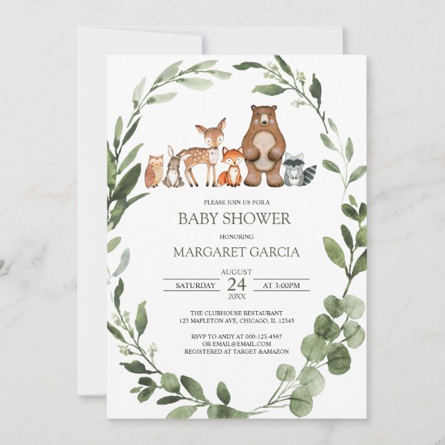 Vattenfärgsgrey Woodland Animals Baby Shower I Inbjudningar (Framsida)