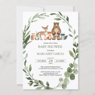 Vattenfärgsgrey Woodland Animals Baby Shower I Inbjudningar