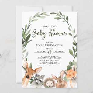 Vattenfärgsgrey Woodland Animals Baby Shower Inbjudningar
