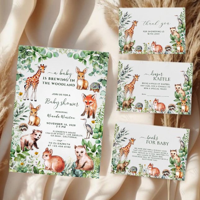 Vattenfärgsgrey Woodland Animals Baby Shower Tack Kort (Skapare uppladdad)