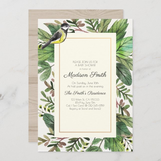 Vattenfärgsgrey Woodsy Bird Baby Shower Inbjudningar (Fram/baksida)