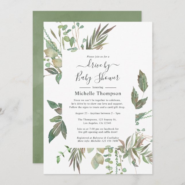 Vattenfärgsgrön enhet efter Möhippa eller babystöv Inbjudningar (Fram/baksida)