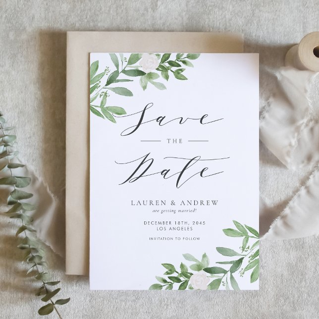 Vattenfärgsgrön och vit blommor QR-kod Spara Datumet (Watercolor Greenery and White Flowers QR Code Save The Date Announcement)