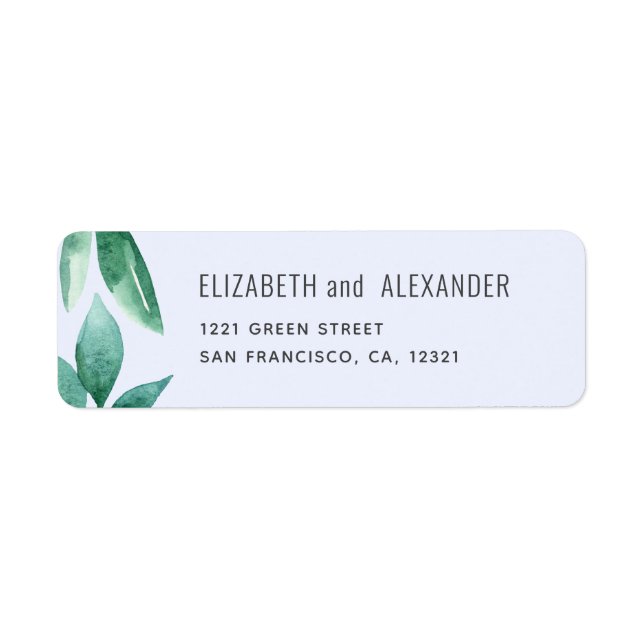 Vattenfärgsgrönt löv. Blue bröllop adress Returadress Etikett (Framsidan)