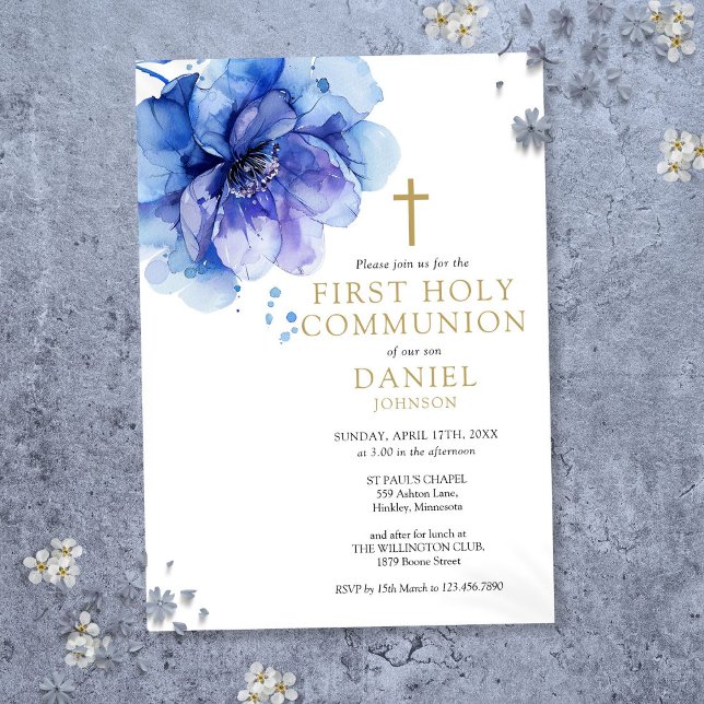 Vattenfärgsgrupp Blommigt Dusty Blue First Heliga  Inbjudningar (Watercolor Floral Dusty Blue First Holy Communion Invitation)