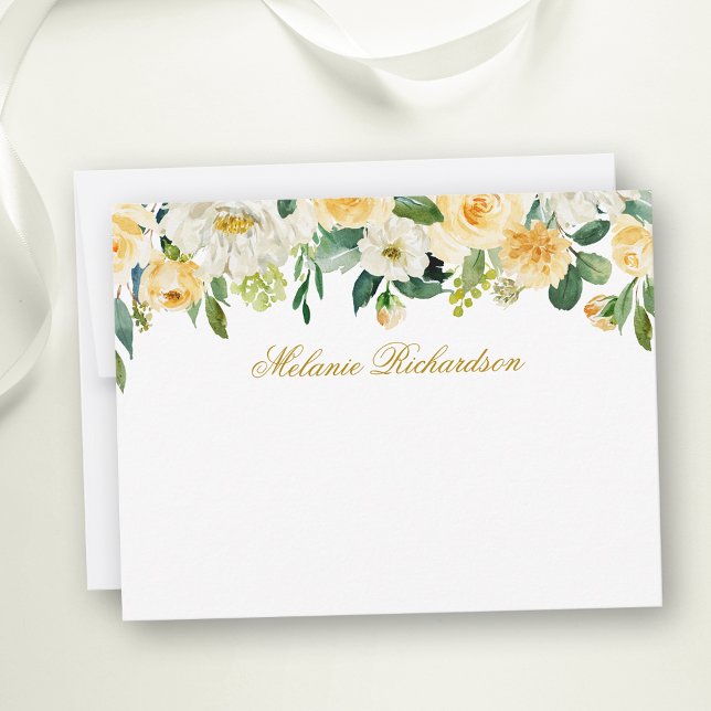 VattenfärgsGult Vit Blommigt Personlig Guld Anteckningskort (Customize to change text color,  text style or to add more text to back of card.)