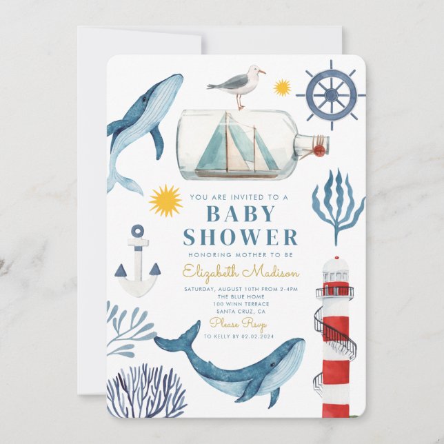 Vattenfärgshavets Frakt,Sailor Whale Sea Baby Show Inbjudningar (Framsida)