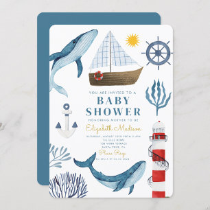 Vattenfärgshavets Frakt,Sailor Whale Sea Baby Show Inbjudningar
