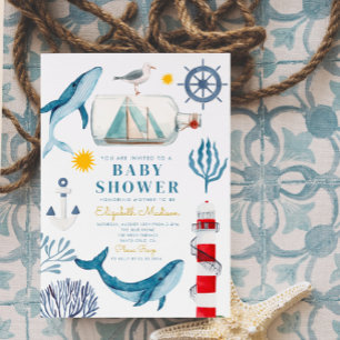 Vattenfärgshavets Frakt,Sailor Whale Sea Baby Show Inbjudningar