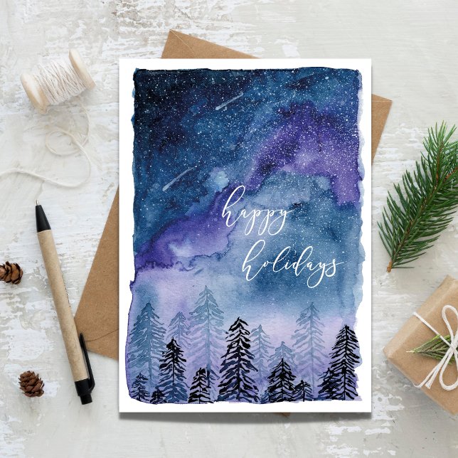 Vattenfärgshimmel och skog | God Jul |  Helgkort (Watercolor sky Christmas Sky, Happy Holidays)