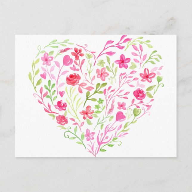Vattenfärgshjärta i blommigten rosa  vykort (Framsida)
