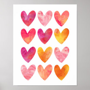 Vattenfärgshjärtan för rosa och orange poster utsk