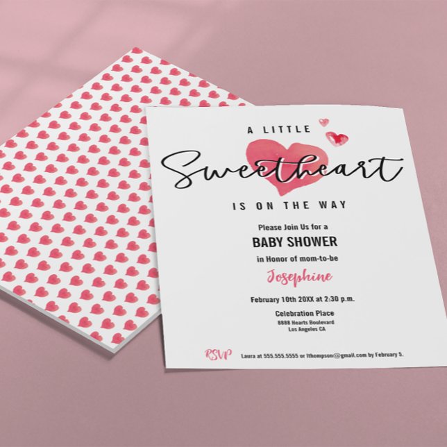 Vattenfärgshjärtan Lung babystövel Inbjudningar (A little sweetheart is on the way heart watercolor baby shower invitation template.)