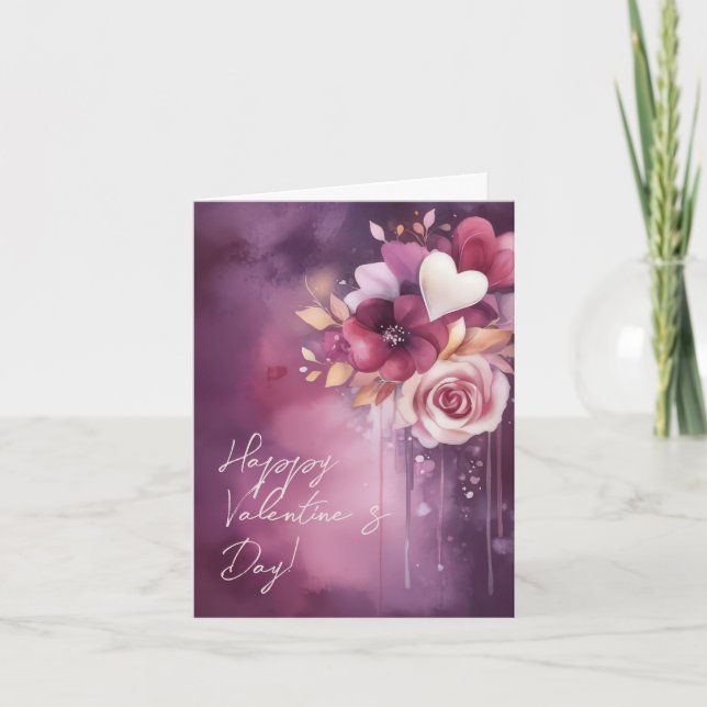Vattenfärgshjärter och Blommor Valentines Hälsning Kort (Framsida)