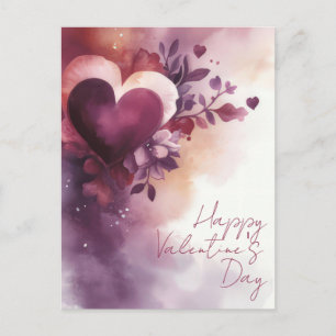 Vattenfärgshjärter och Blommor Valentines Hälsning Vykort