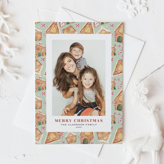 Vattenfärgshögdhet Hushåll Fotojul Helg Vykort (Festive Gingerbread House Mint Photo Christmas Holiday Postcard)