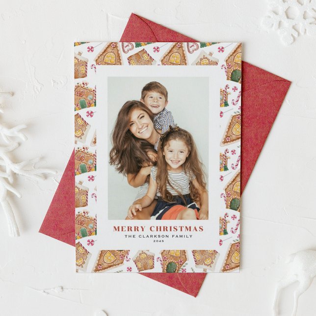 Vattenfärgshögdhet Hushåll Fotojul Helgkort (Festive Gingerbread House White Photo Christmas Holiday Card)