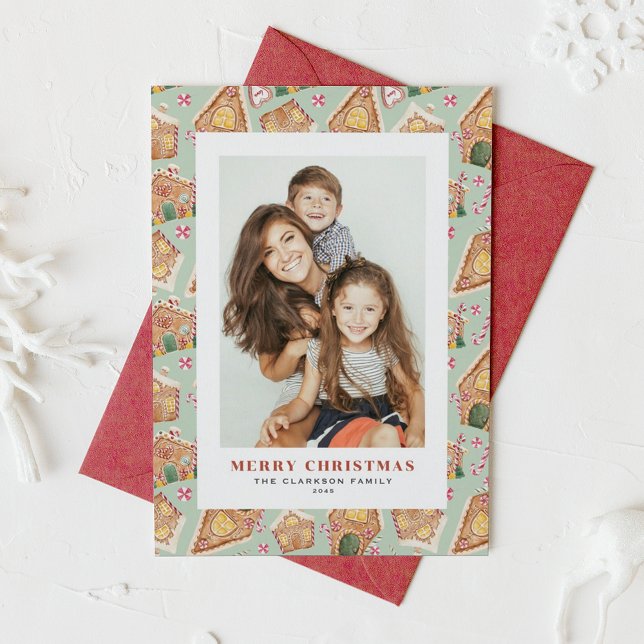 Vattenfärgshögdhet Hushåll Fotojul Julkort (Festive Gingerbread House Mint Photo Christmas Holiday Card)