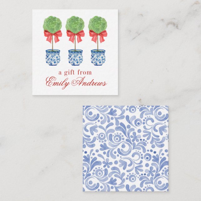 Vattenfärgshölje Chinoiserie Red Bow Topiary Anteckningskort (Fram/baksida)