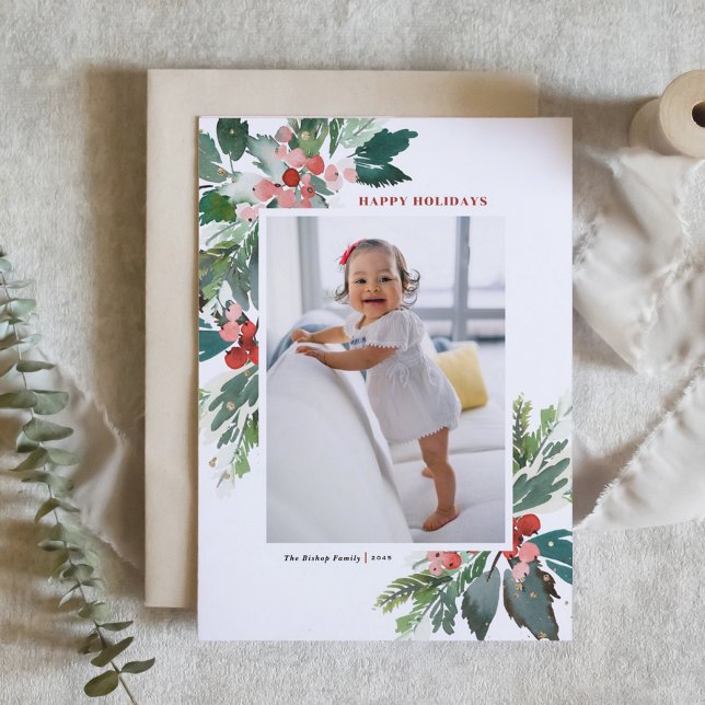 Vattenfärgshollies med Faux Gold Foil Photo Helgkort (Watercolor Holly and Winter Greenery Photo Happy Holidays Card)