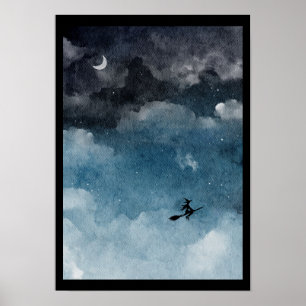 Vattenfärgshugga på mörken himmel poster