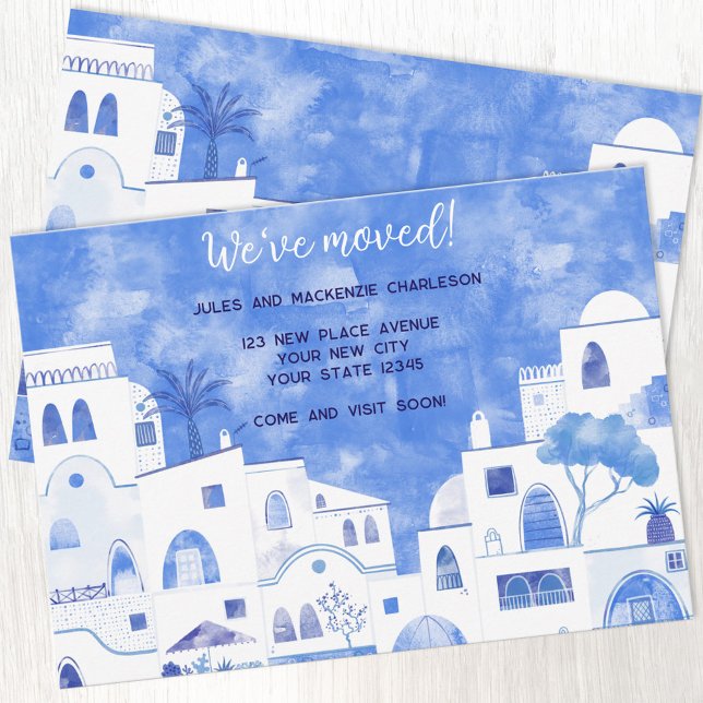 Vattenfärgshus Förändring av Adress Meddelande (Blue and white watercolor Mediterranean houses and apartements change of address moving announcement)