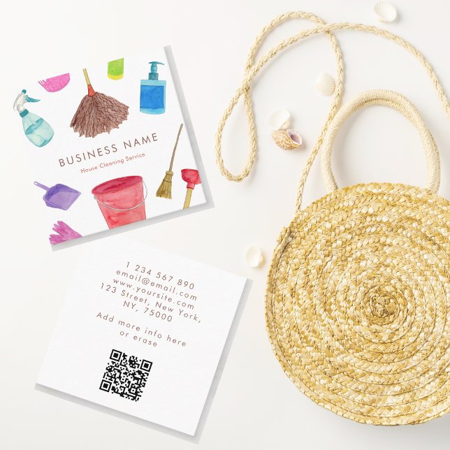 Vattenfärgshus Städning QR-kod Fyrkantigt Visitkort (Skapare uppladdad)