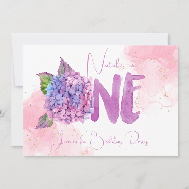 Vattenfärgshydrangea första födelsedagsinbjudan inbjudningar (Framsida)