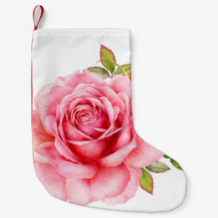 Vattenfärgsillustration av ett känsligt rosa ros w liten julstrumpa
