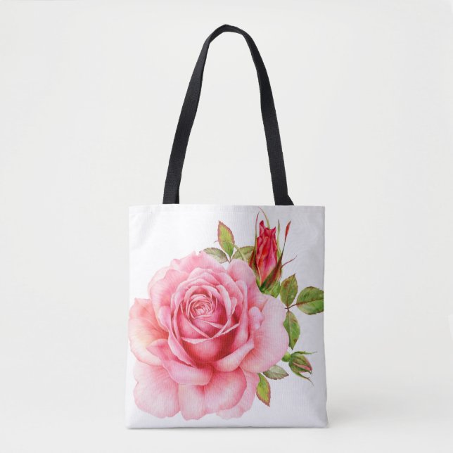 Vattenfärgsillustration av ett känsligt rosa ros w tygkasse (Framsida)
