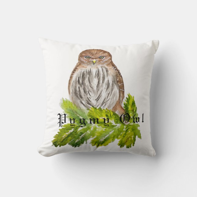 Vattenfärgsillustration av fågelpygmin uggla kudde (Framsida)