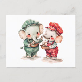 Vattenfärgsillustration av två elefanter med båt vykort