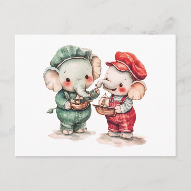 Vattenfärgsillustration av två elefanter med båt vykort (Framsida)