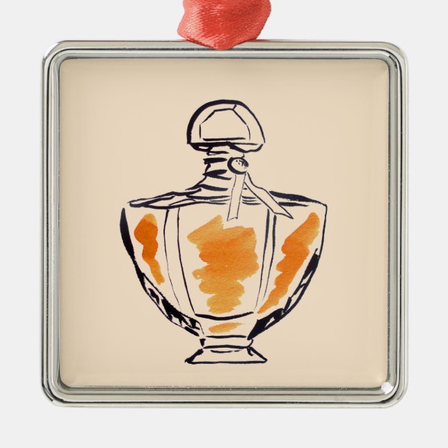 Vattenfärgsillustration parfym flaska mode julgransprydnad metall (Framsidan)