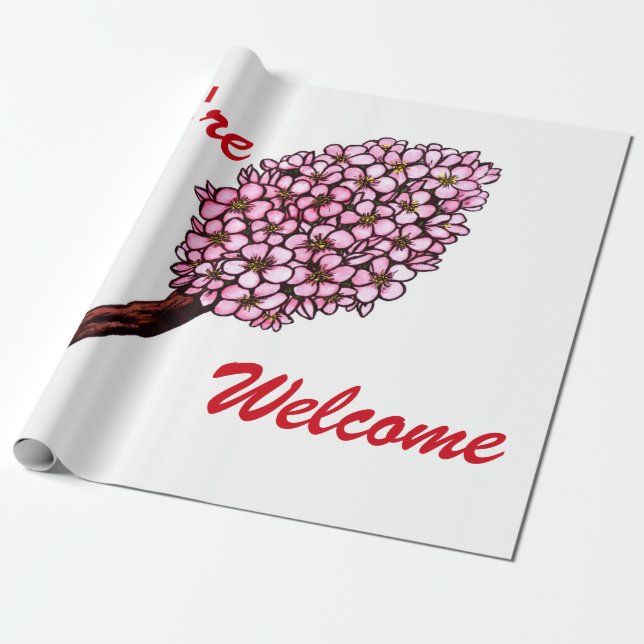 vattenfärgsillustration rosa cherry-blommar bunt presentpapper (Utrullad)