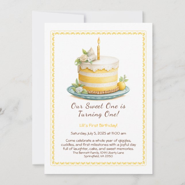 Vattenfärgsinbjudan 1:a födelsedag - gult för kumm inbjudningar (Framsida)