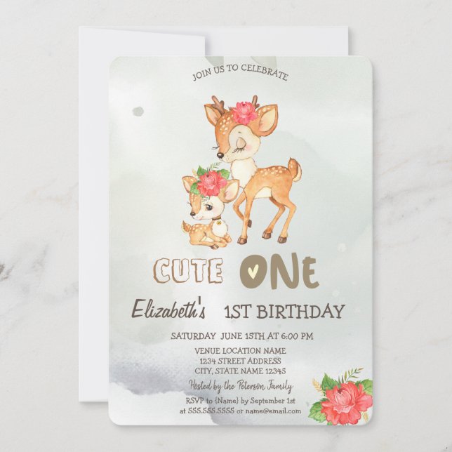 Vattenfärgsinbjudan Baby Hjort Blommor Grönt 1:a i Inbjudningar (Framsida)