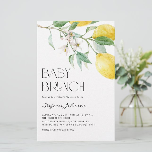 Vattenfärgsinbjudan Lemon Summer Baby Brunch (Stående Fram)