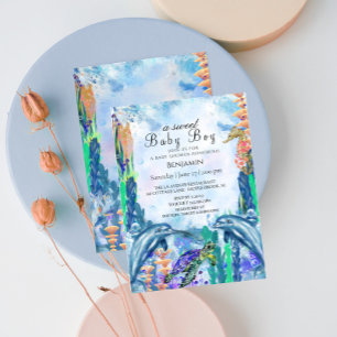 Vattenfärgsinbjudan OceanSea Animals BabyShower Inbjudningar