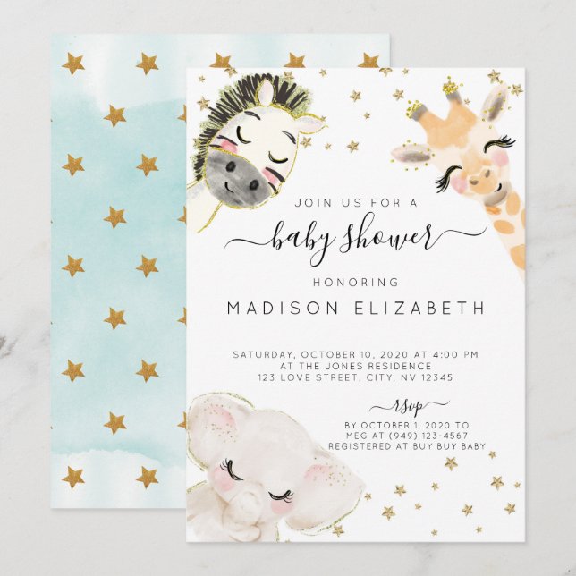 Vattenfärgsinbjudan Safari Animal Baby Shower Meddelande (Fram/baksida)
