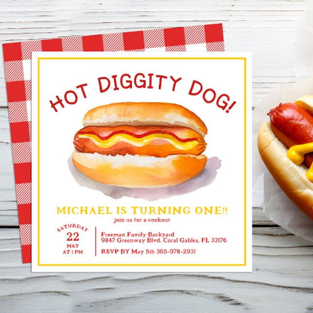 Vattenfärgsinbjudan till Hund på födelsedagstid -  Inbjudningar (Hot Dog Cookout Birthday Party Invitation)