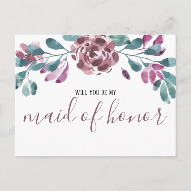 Vattenfärgsinbjudan till Lila Peony Maid of honor Inbjudan Vykort (Framsida)