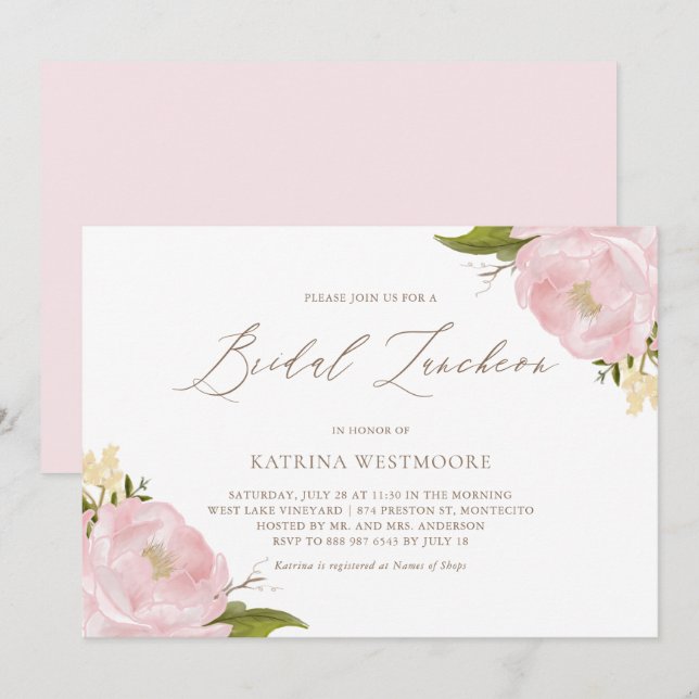 Vattenfärgsinbjudan till Rosa Peonies Möhippa Lunc Inbjudningar (Fram/baksida)