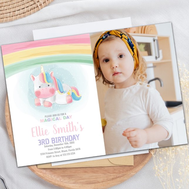 Vattenfärgsinbjudningar för Unicorn med foto Inbjudningar (Watercolor Unicorn Invitations with photo)