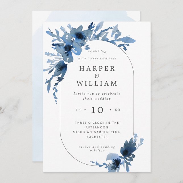Vattenfärgsindigo blue blommigt oblong ram inbjudningar (Fram/baksida)