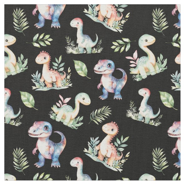 Vattenfärgsinosaurier på Black Fabric Tyg (Närbild)